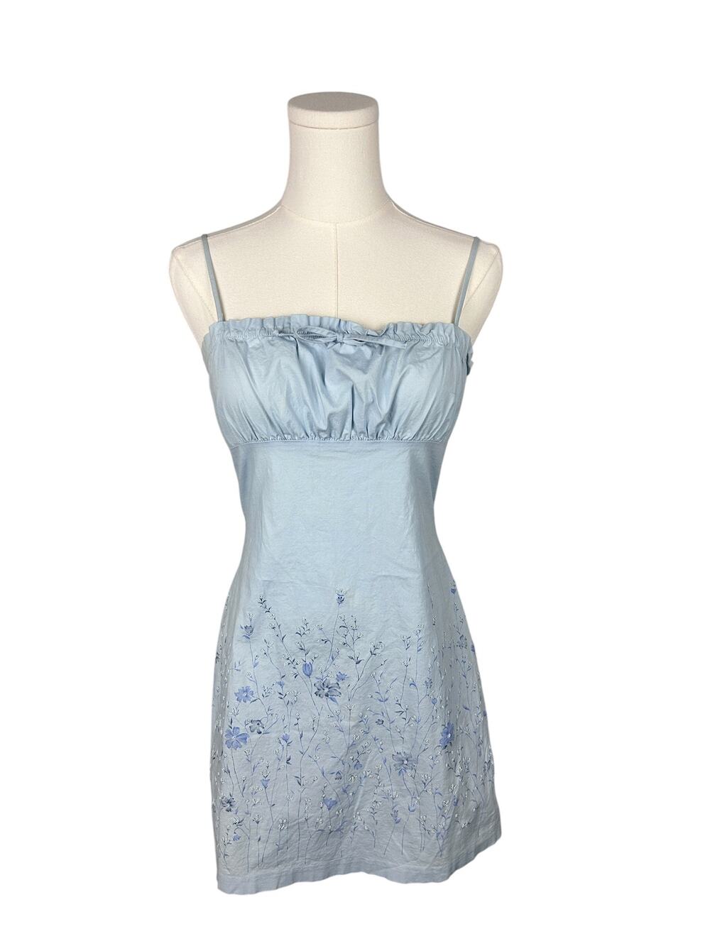 Y2K Candy Rocket Blue Beaded Floral Babydoll Tie Coquette Mini Dress M